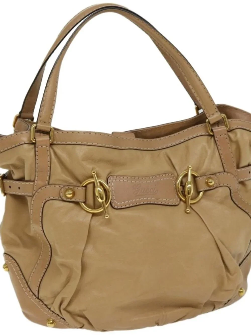 GUCCI Horsebit Shoulder Bag Leather Beige 203546 Auth fm3198